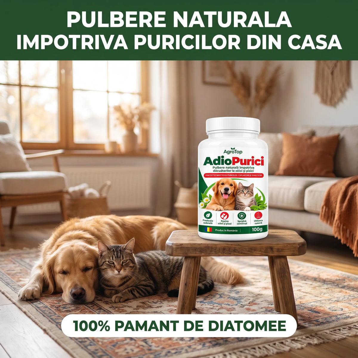 AdioPurici - Pulbere naturală impotriva daunatorilor la caini si pisici, 100g