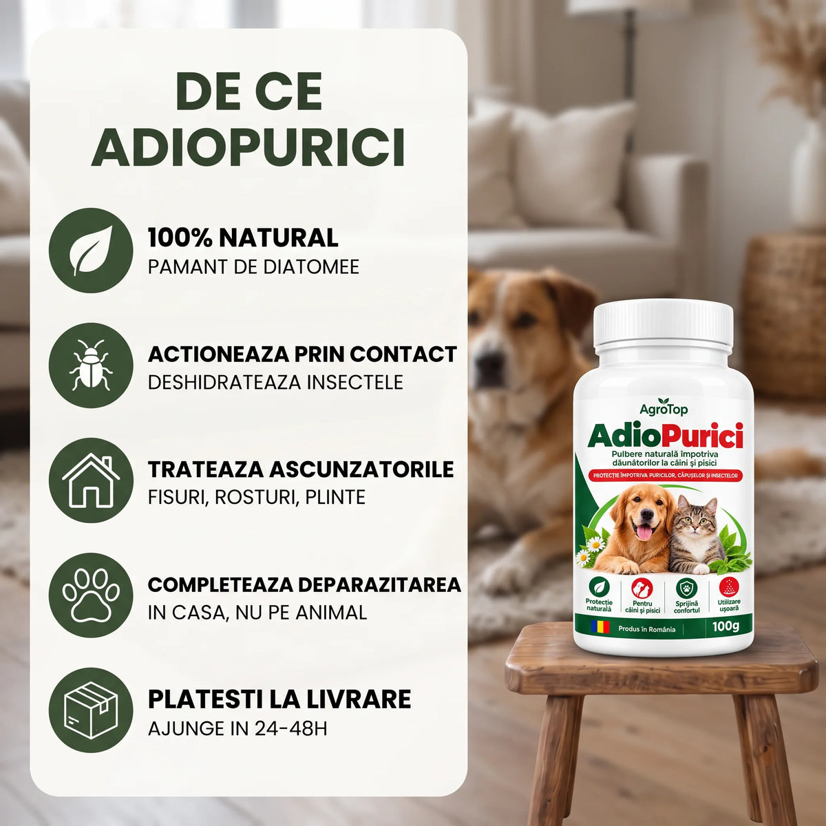 AdioPurici - Pulbere naturală impotriva daunatorilor la caini si pisici, 100g
