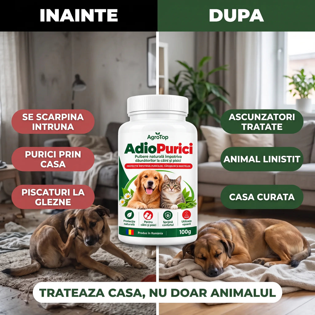AdioPurici - Pulbere naturală impotriva daunatorilor la caini si pisici, 100g