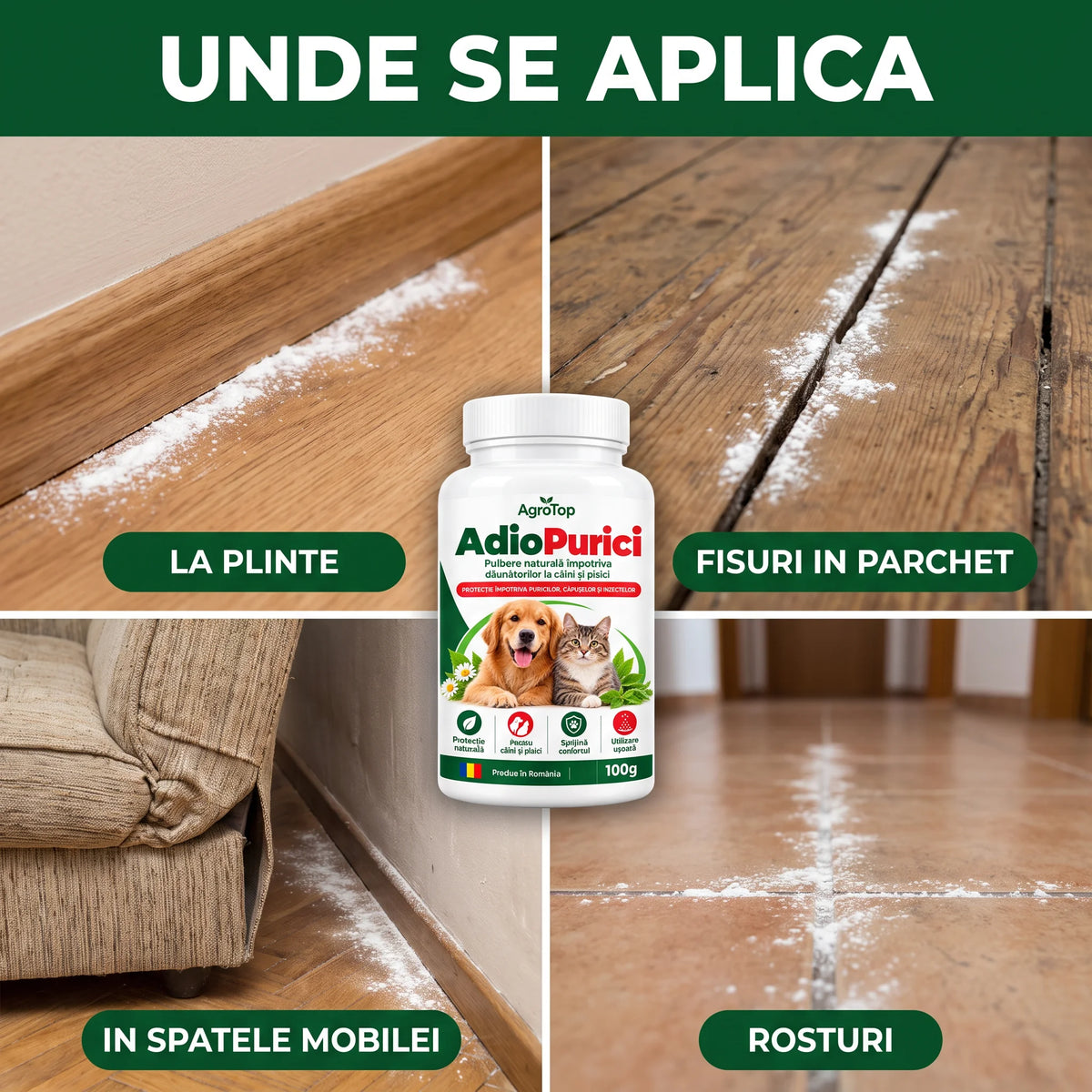 AdioPurici - Pulbere naturală impotriva daunatorilor la caini si pisici, 100g