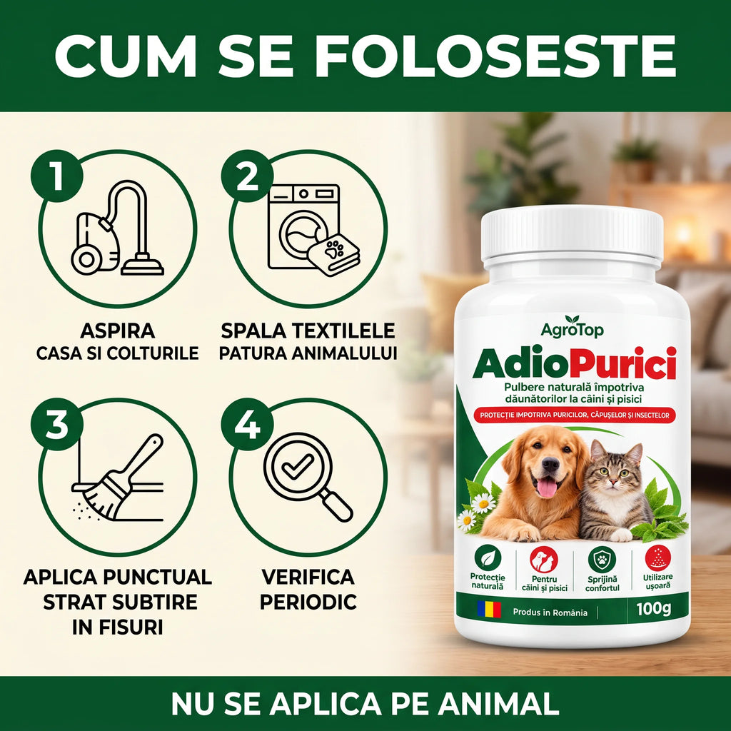 AdioPurici - Pulbere naturală impotriva daunatorilor la caini si pisici, 100g