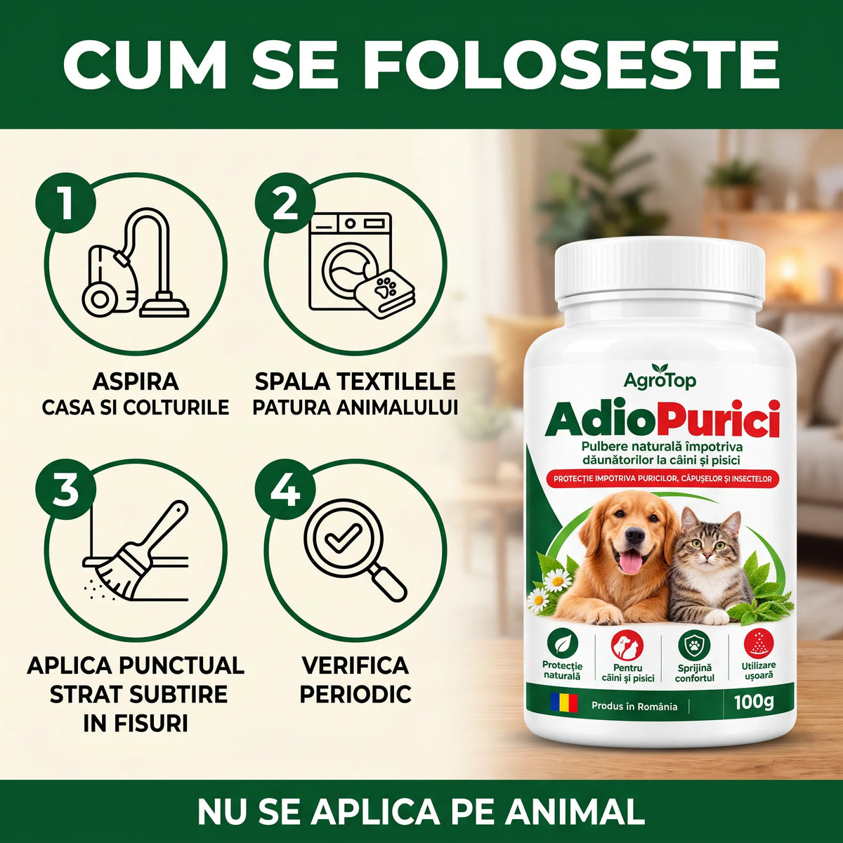 AdioPurici - Pulbere naturală impotriva daunatorilor la caini si pisici, 100g