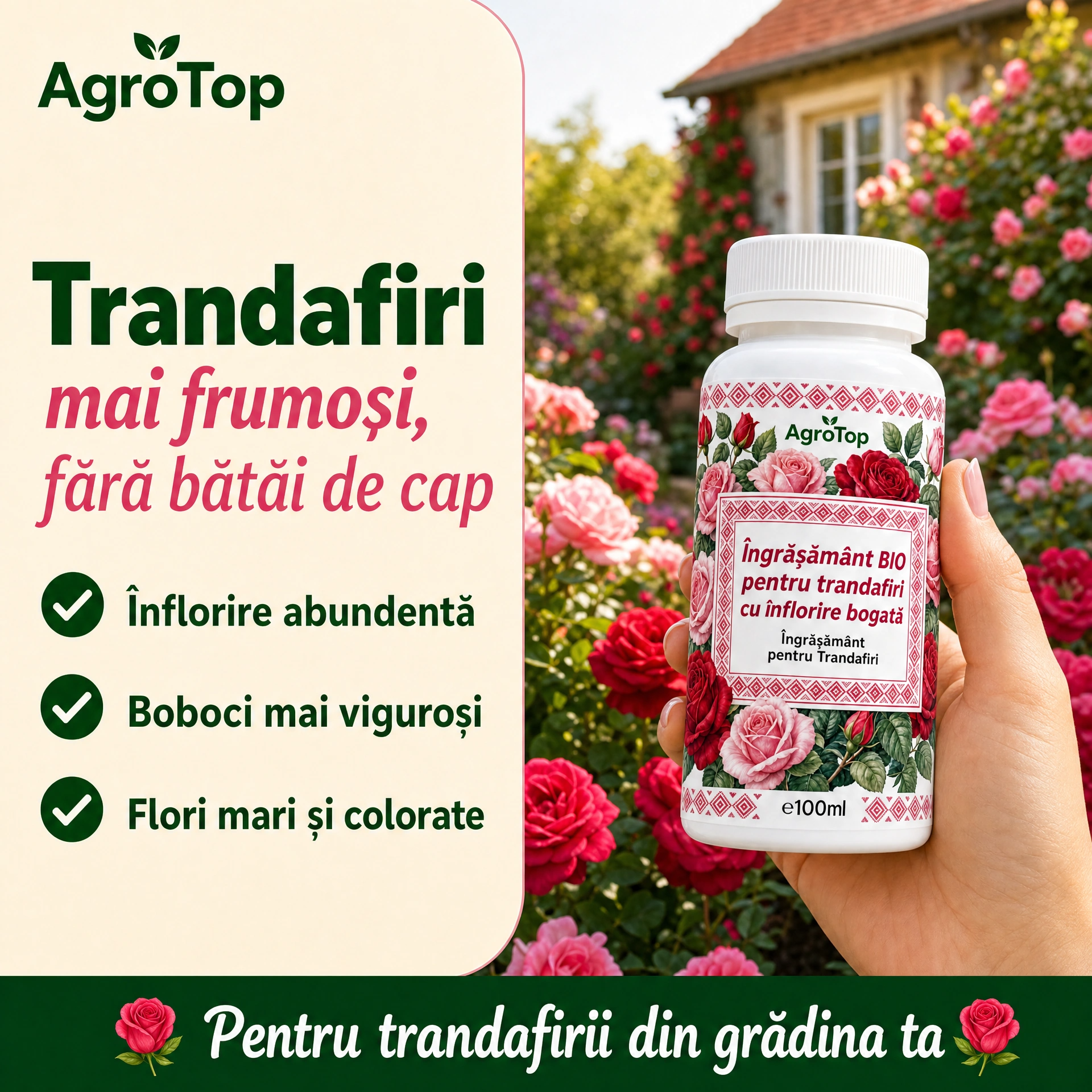 Îngrășământ BIO pentru trandafiri cu înflorire bogată, 100 ml