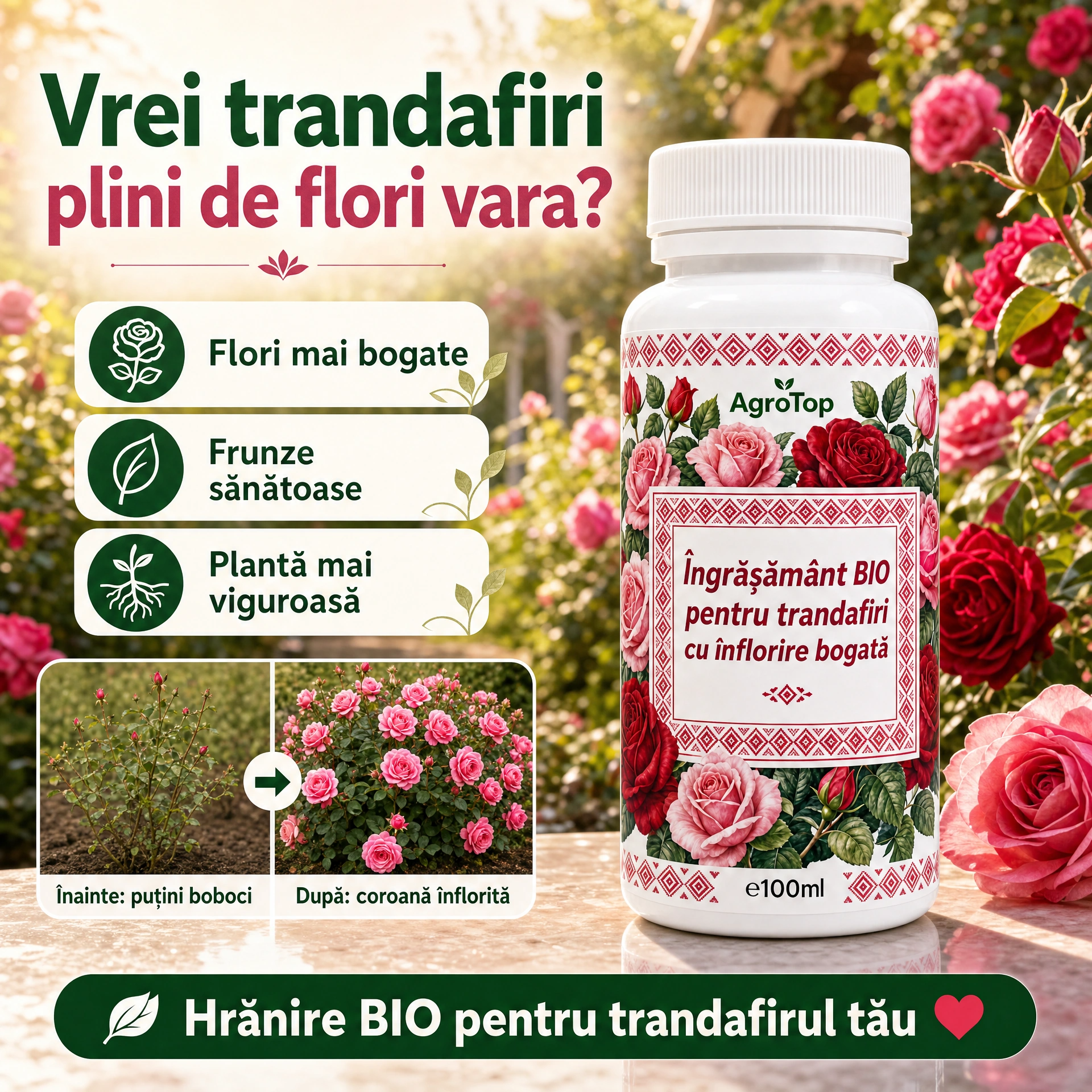 Îngrășământ BIO pentru trandafiri cu înflorire bogată, 100 ml