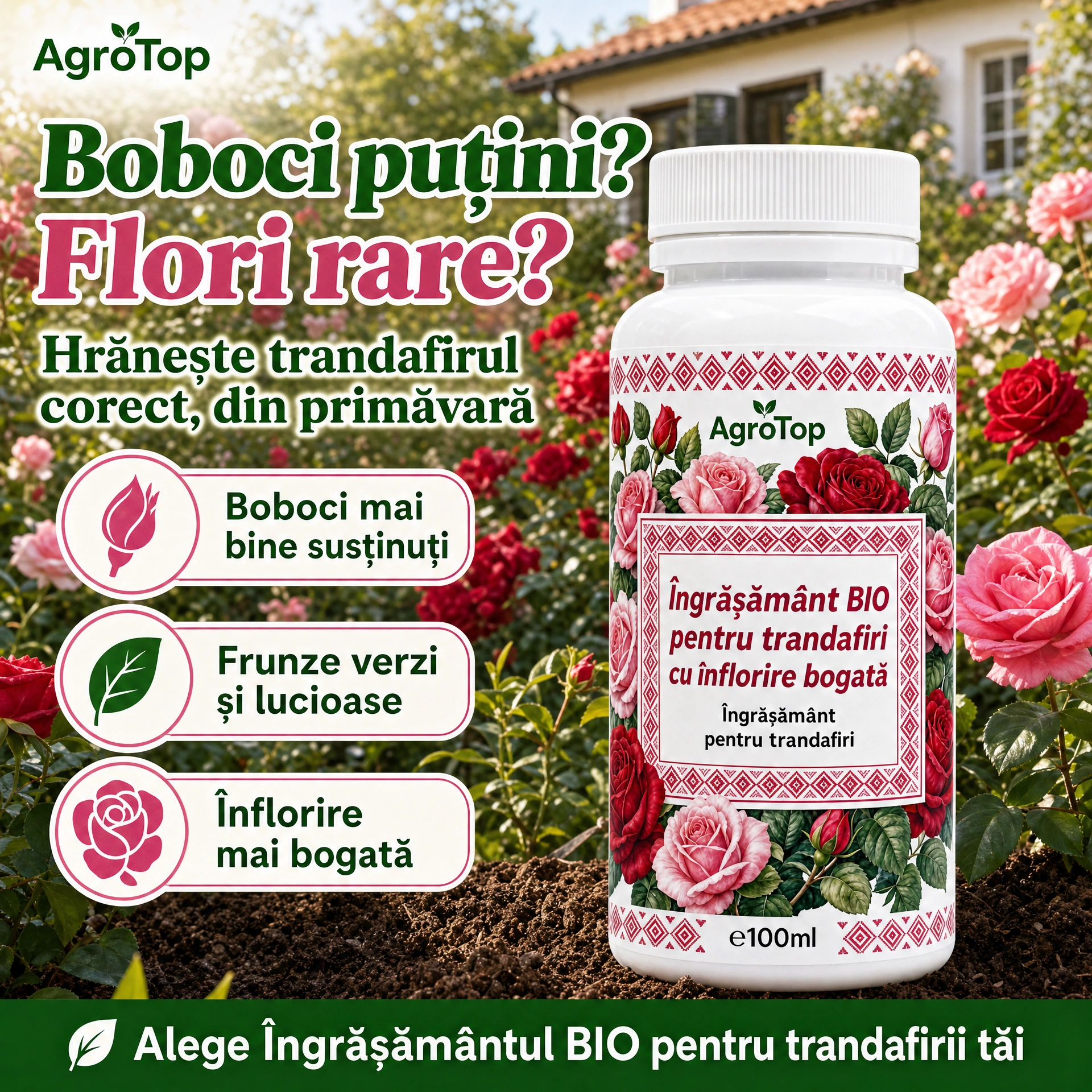Îngrășământ BIO pentru trandafiri cu înflorire bogată, 100 ml