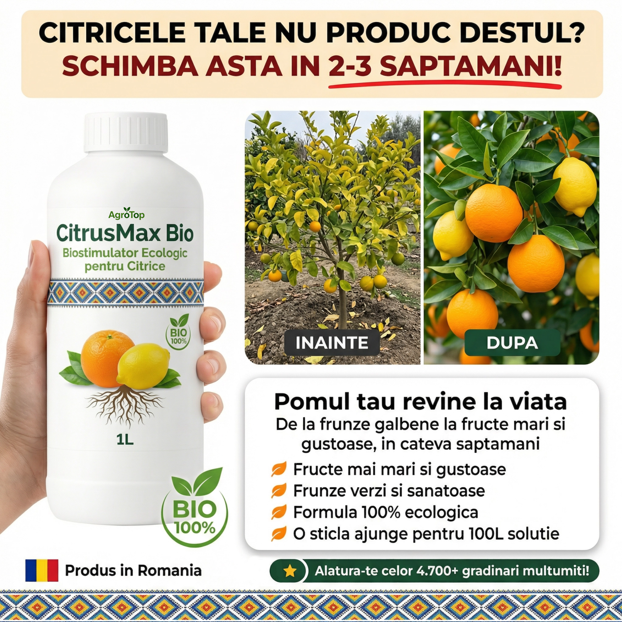 Îngrășământ Bio și Stimulator pentru Citrice, Protecție & Creștere, 1L