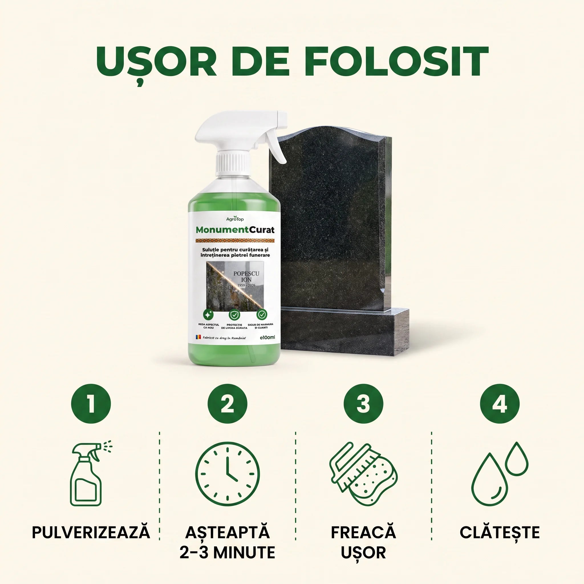 MonumentCurat - Soluție pentru curățarea și întreținerea pietrei funerare