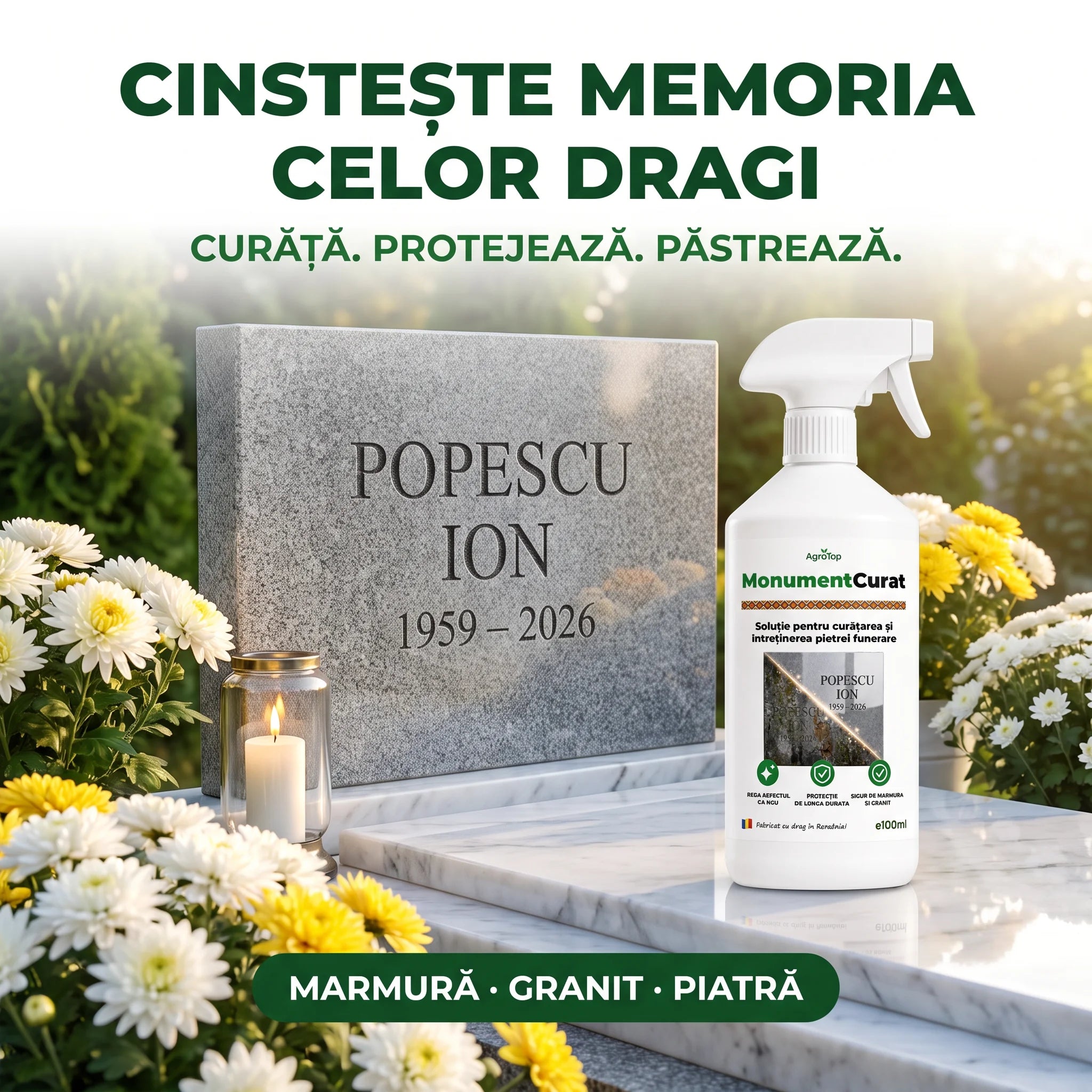 MonumentCurat - Soluție pentru curățarea și întreținerea pietrei funerare