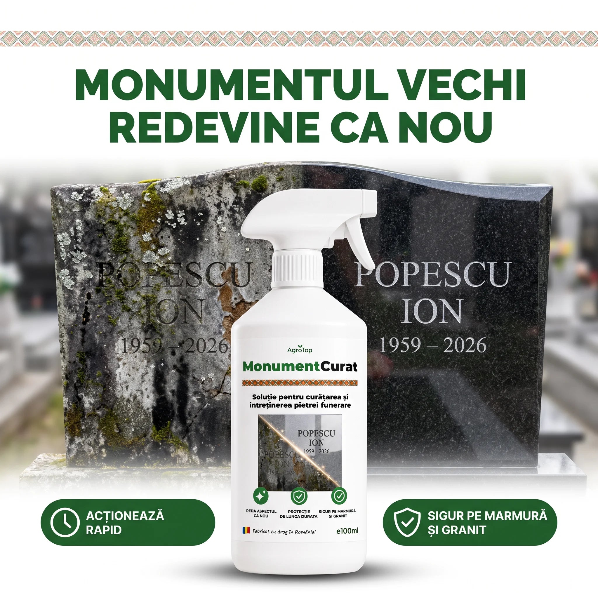 MonumentCurat - Soluție pentru curățarea și întreținerea pietrei funerare