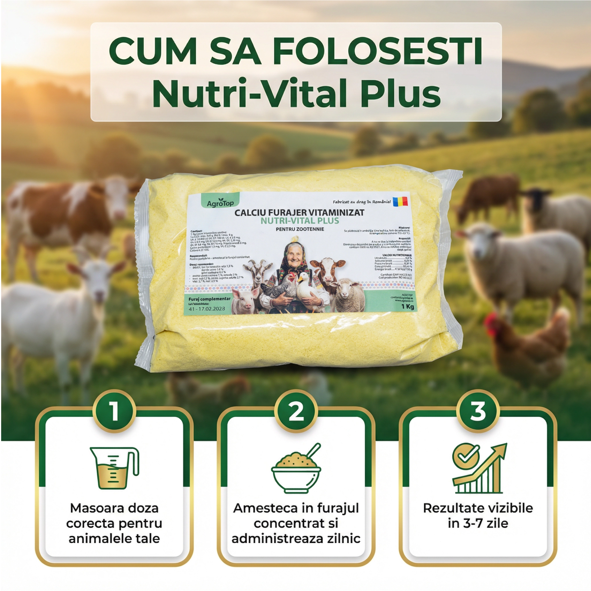 Nutri-Vital Plus, Calciu furajer vitaminizat pentru ingrasarea animalelor, 1 kg