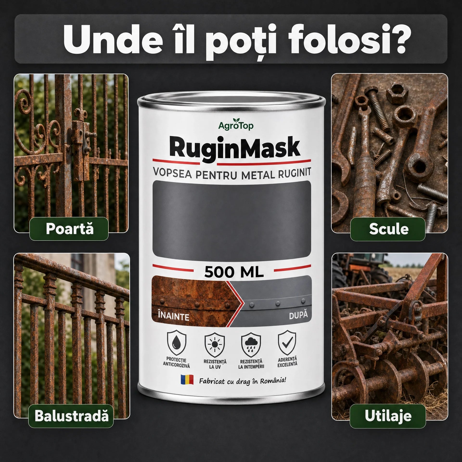RuginMask - Vopsea pentru metal ruginit, Gri, 500ML