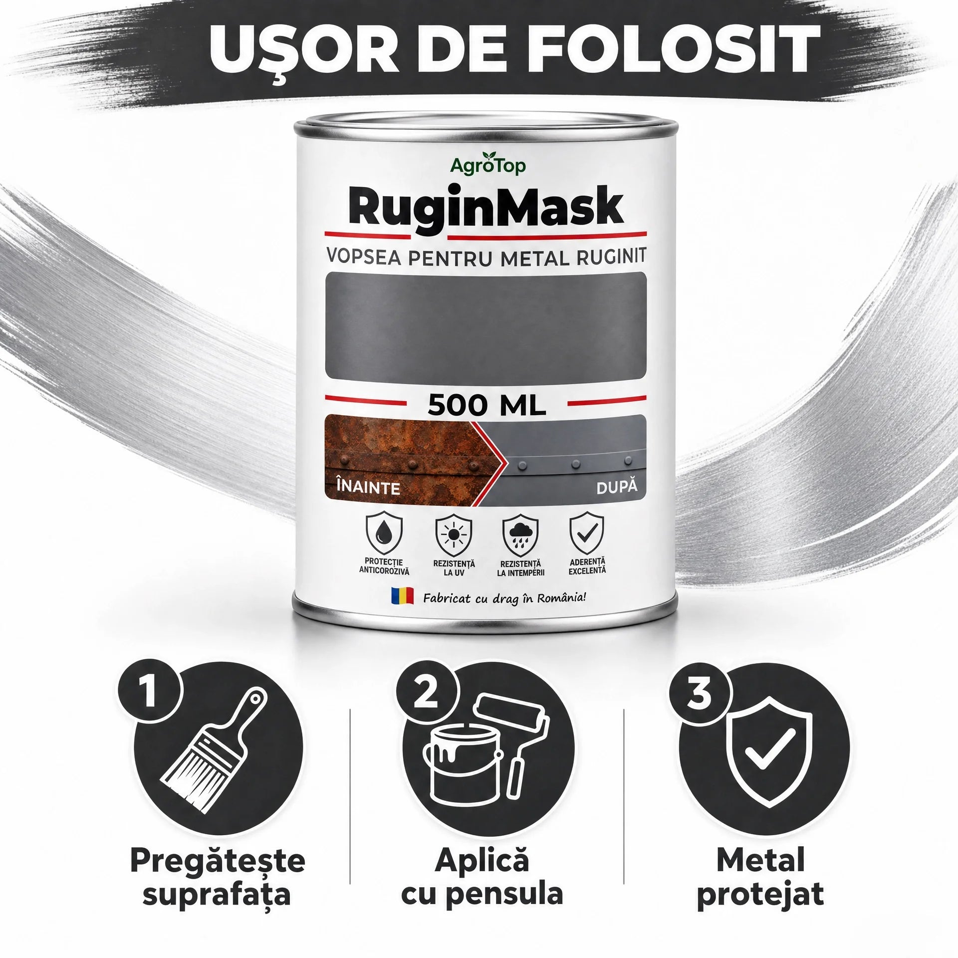 RuginMask - Vopsea pentru metal ruginit, Gri, 500ML