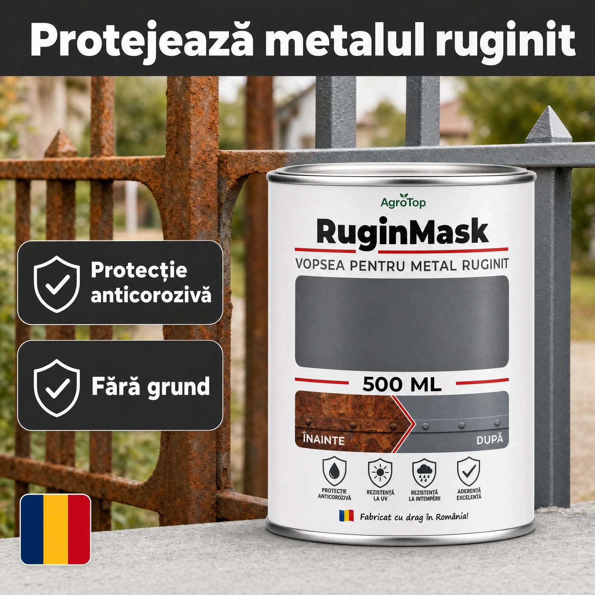 RuginMask - Vopsea pentru metal ruginit, Gri, 500ML