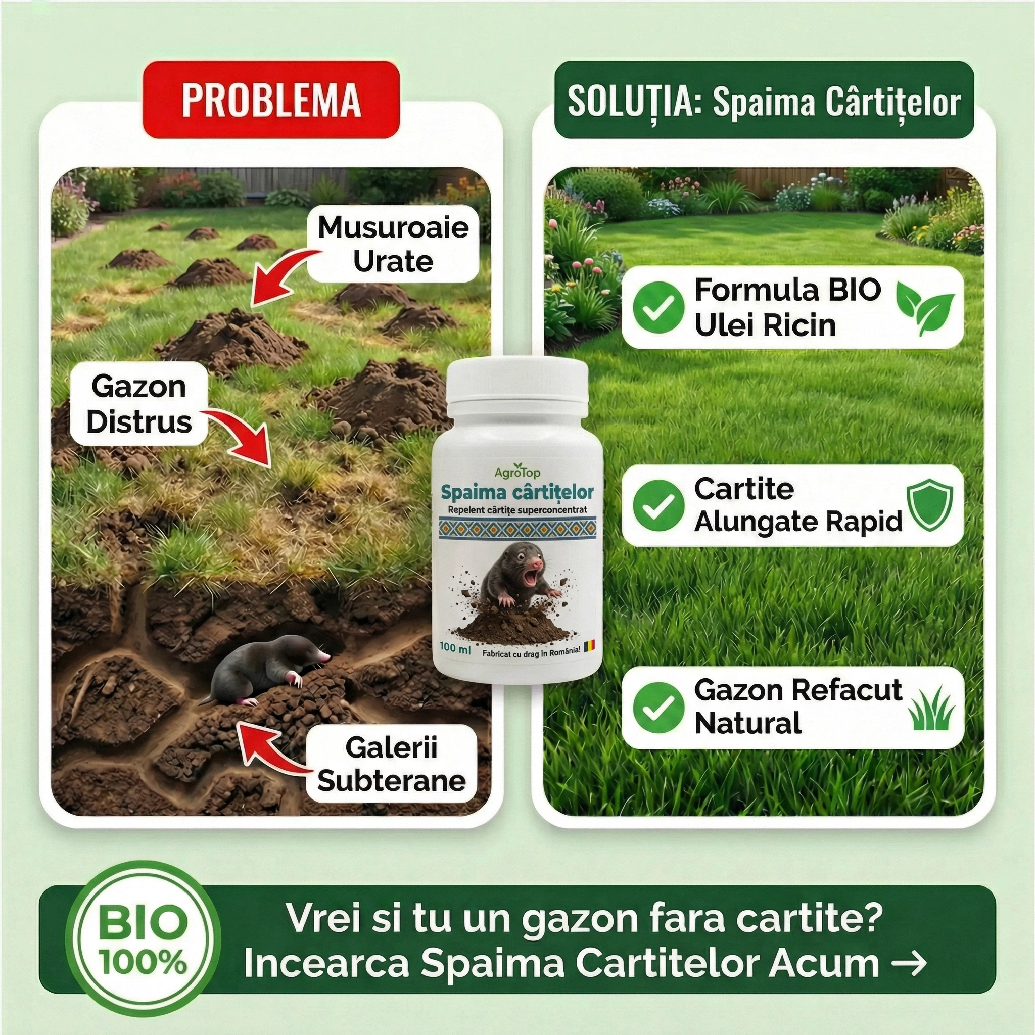 Spaima cârtițelor - Repelent natural și puternic împotriva cârtițelor, 100 ml